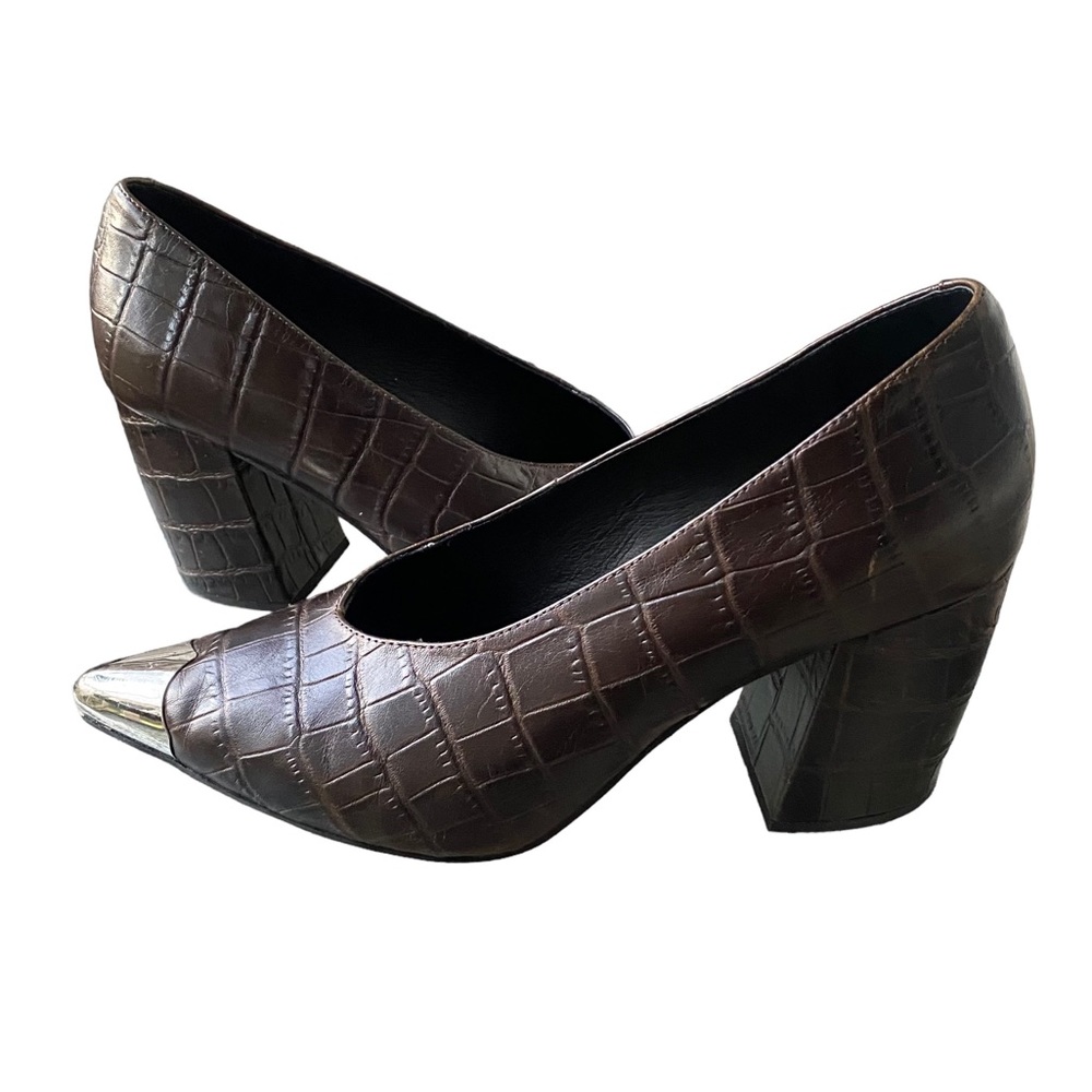 Jeffery Campbell Brown Croc Embossed Patent Leather Metallic Toe Block Heels